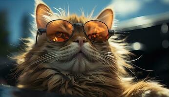 vermelho gato dentro oculos de sol em uma azul fundo. criada com generativo ai foto