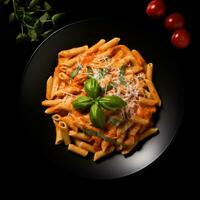 topo Visão italiano Macarrão Penne massa dentro cremoso vodka tomate molho com desintegrado linguiça e cogumelos em a cozinha mesa. generativo ai. foto