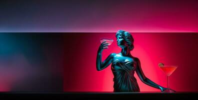 Antiguidade estátua dentro néon luz com coquetel moderno conceito fundo com uma cópia de espaço foto