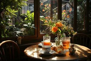 café da manhã conjunto em a mesa perto janela vidro com natural brilho do sol dentro tropical cafeteria. generativo ai ilustração. foto