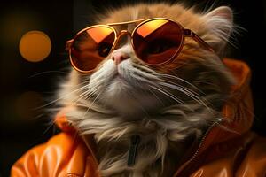 fofa gato vestindo oculos de sol e relaxante em laranja cadeira. generativo ai ilustração. foto