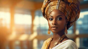 lindo africano mulher dentro tradicional cocar, borrado escritório fundo foto