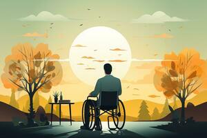 silhueta do Desativado homem em cadeira de rodas com pôr do sol céu fundo. foto