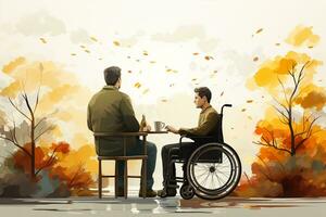 Desativado homem dentro uma cadeira de rodas com dele amigo. foto