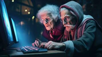 engraçado idosos casal estão jogando computador jogos. velho gamers dentro uma computador clube. foto