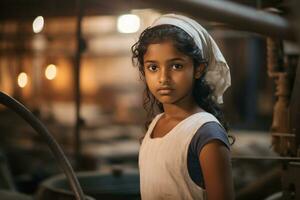 pequeno indiano menina em industrial fundo foto