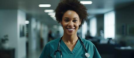 sorridente birracial fêmea cuidados de saúde trabalhador dentro hospital corredor aberto área para cópia de médico Serviços foto