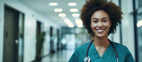 sorridente birracial fêmea cuidados de saúde trabalhador dentro hospital corredor aberto área para cópia de médico Serviços foto