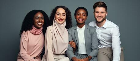 quatro jovem profissionais a partir de diferente fundos pose perto uma cinzento parede para a de Anúncios sobre a Novo conceito do uma diverso trabalhadores foto