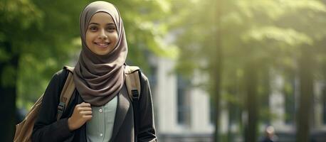 muçulmano mulheres dentro Educação uma hijab vestindo aluna posando ao ar livre com livros e uma mochila desfrutando livre Tempo em campus foto