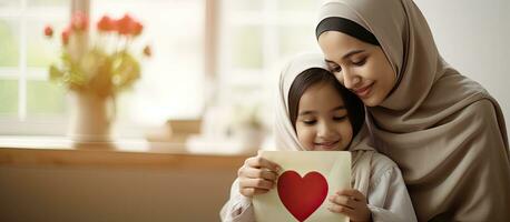 muçulmano menina abraços mãe com hijab cumprimento com cartão e amor vínculo às casa foto