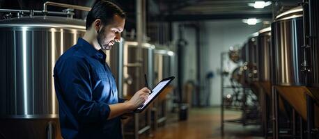 dois trabalhadores inspecionando Produção às construir cervejaria usando tábua foto