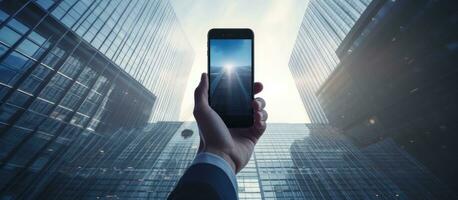 homem de negocios segurando Móvel telefone dentro arranha-céu interior com moderno Projeto fundo e cópia de espaço para publicidade texto foto