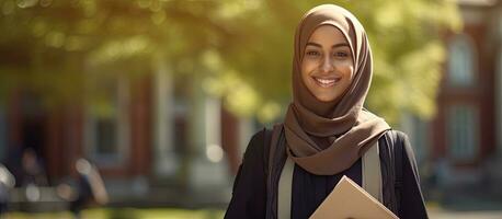 muçulmano mulheres dentro Educação uma hijab vestindo aluna posando ao ar livre com livros e uma mochila desfrutando livre Tempo em campus foto