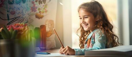 pequeno menina pintura às casa sentado às escrivaninha com colorida lápis e pintura canetas lado Visão com espaço para cópia de foto