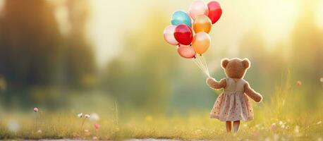 pequeno menina com autismo alegremente jogando com dela melhor amigo uma Urso de pelúcia Urso enquanto segurando colorida hélio balões dentro uma verde parque Parque infantil com cópia de s foto