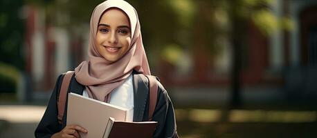 muçulmano mulheres dentro Educação uma hijab vestindo aluna posando ao ar livre com livros e uma mochila desfrutando livre Tempo em campus foto