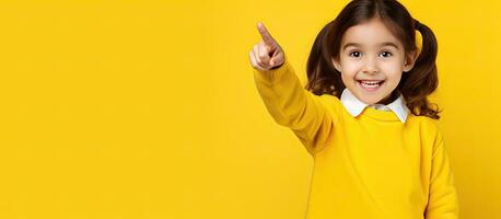 sorridente pequeno menina dando uma polegares acima indicando uma em branco espaço para publicidade estúdio foto em amarelo pano de fundo