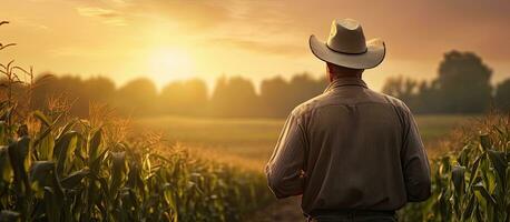 agricultor inspecionando milho campo às pôr do sol com esvaziar área foto