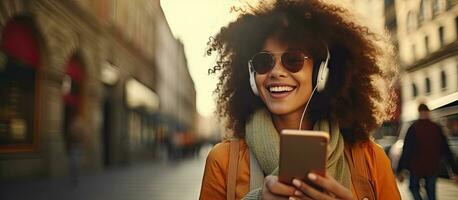 hipster menina dentro centro da cidade desfrutando dela favorito música a partir de Smartphone aplicativo dançando com afro cabelo e fones de ouvido dentro a rua foto