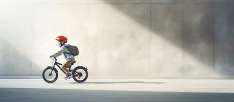 embaçado Garoto equitação bicicleta contra cinzento parede alegre criança ciclismo dentro cidade movimento borrão foto