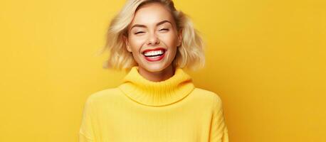 Loiras mulher com branco dentes feliz expressão e vestido casual poses para promoção em amarelo fundo foto