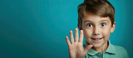 retrato do uma cinco ano velho Garoto exibindo cinco dedos em uma azul fundo com esvaziar espaço foto