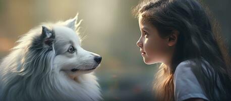 branco cachorro esperando para atenção e animais de estimação olhando às menina dentro lado Visão retrato com cópia de espaço foto