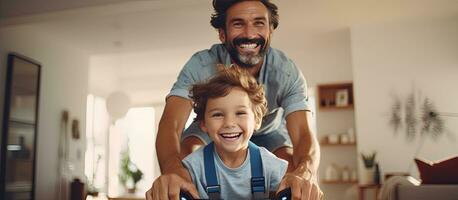 pai e filho desfrutando brincalhão Atividades às casa com uma alegre atmosfera foto