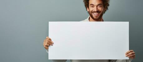 alegre homem segurando em branco poster isolado em cinzento fundo foto