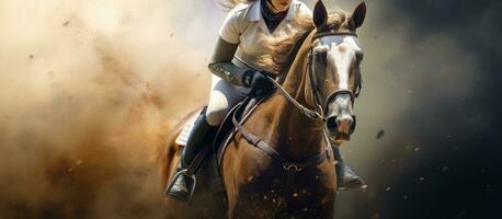 dentro profundidade representação do uma esporte envolvendo uma velozes corrida cavalo e uma jovem fêmea atleta foto