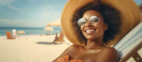 sorridente Preto mulher dentro oculos de sol desfrutando período de férias em de praia banhos de sol com cópia de espaço foto