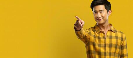 jovem atraente ásia homem dentro dele 20s sorridente vestindo uma xadrez camisa apontando às a propaganda em uma amarelo fundo representando uma estilo de vida concep foto