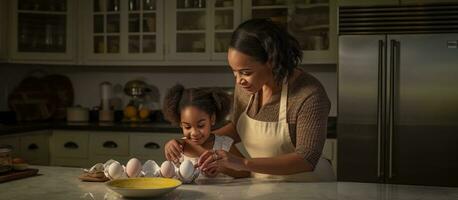 africano americano mãe e filha preparando massa dentro cozinha foto