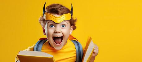feliz pré escola Garoto com livro em cabeça e saco contra amarelo fundo foto