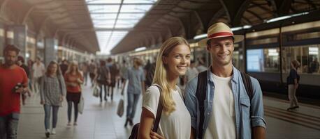 turistas estão excitadamente esperando para seus viagem dentro a trem estação foto