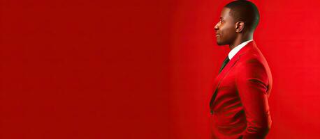 retrato do uma jovem confiante africano americano homem de negocios dentro uma à moda terno em pé com cruzado mãos e uma sorrir contra uma vibrante vermelho fundo foto