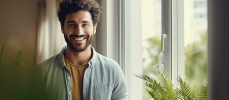 retrato do uma alegre jovem homem segurando tábua e sorridente às Câmera de uma janela foto