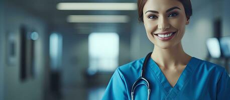 feliz fêmea médico dentro azul esfrega às hospital com acessível espaço remédio cuidados de saúde inalterado foto