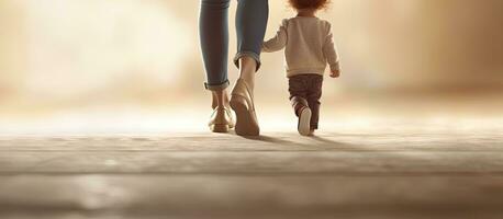 bebê em pé em mãe s pés Aprendendo para andar com Apoio, suporte foto