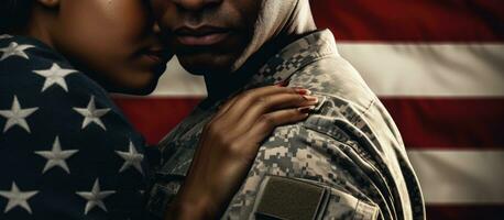 composto foto do africano americano soldado s meio com esposa a comemorar veteranos dia expressando gratidão para serviço conceitualizado com amor casa
