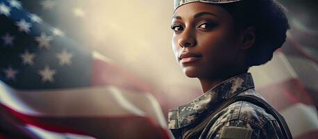 africano americano fêmea soldado a comemorar veteranos dia e ser agradeceu para dela serviço composto imagem com militares tema foto