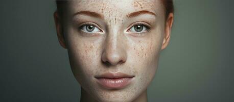 composto imagem do uma meio envelhecido mulher promovendo pele pigmentação consciência e tratamento foto