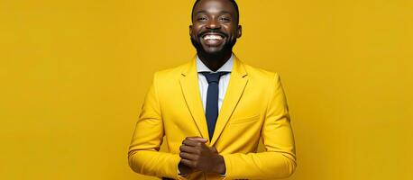 jovem africano homem de negocios com uma terno e barba detém dele mão Fora dentro uma conceito isolado em uma amarelo fundo foto