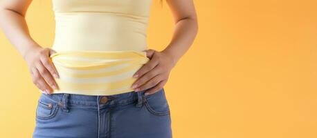 mulher dentro descompactado jeans aplicando creme em barriga para esticam marcas foto