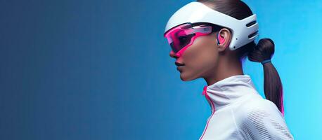 atraente desportivo senhora dentro vr óculos posando dentro fitwear sobre néon fundo foto
