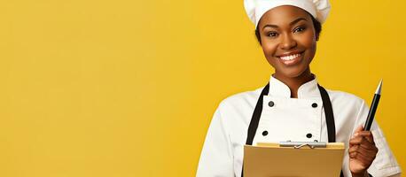 uma alegre fêmea chefe de cozinha dentro uma uniforme do africano americano descida levando notas e escrevendo uma livro de receitas carrinhos sozinho em uma amarelo fundo dentro uma estúdio foto