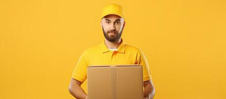 correio segurando grande caixas em amarelo fundo com quarto para texto foto