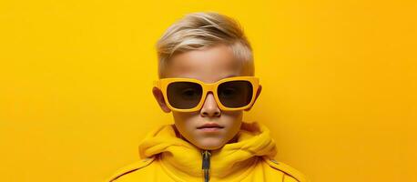 caucasiano Garoto com oculos de sol em amarelo fundo representando consciência e proteção foto