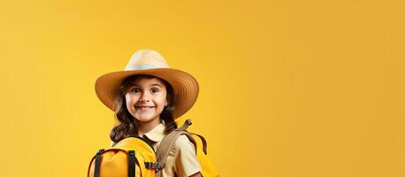 uma jovem menina escoteiro dentro uma verão chapéu e mochila Visualizações seu de Anúncios ela s posição para uma acampamento viagem bandeira com amarelo isolado pano de fundo e cópia de espaço foto